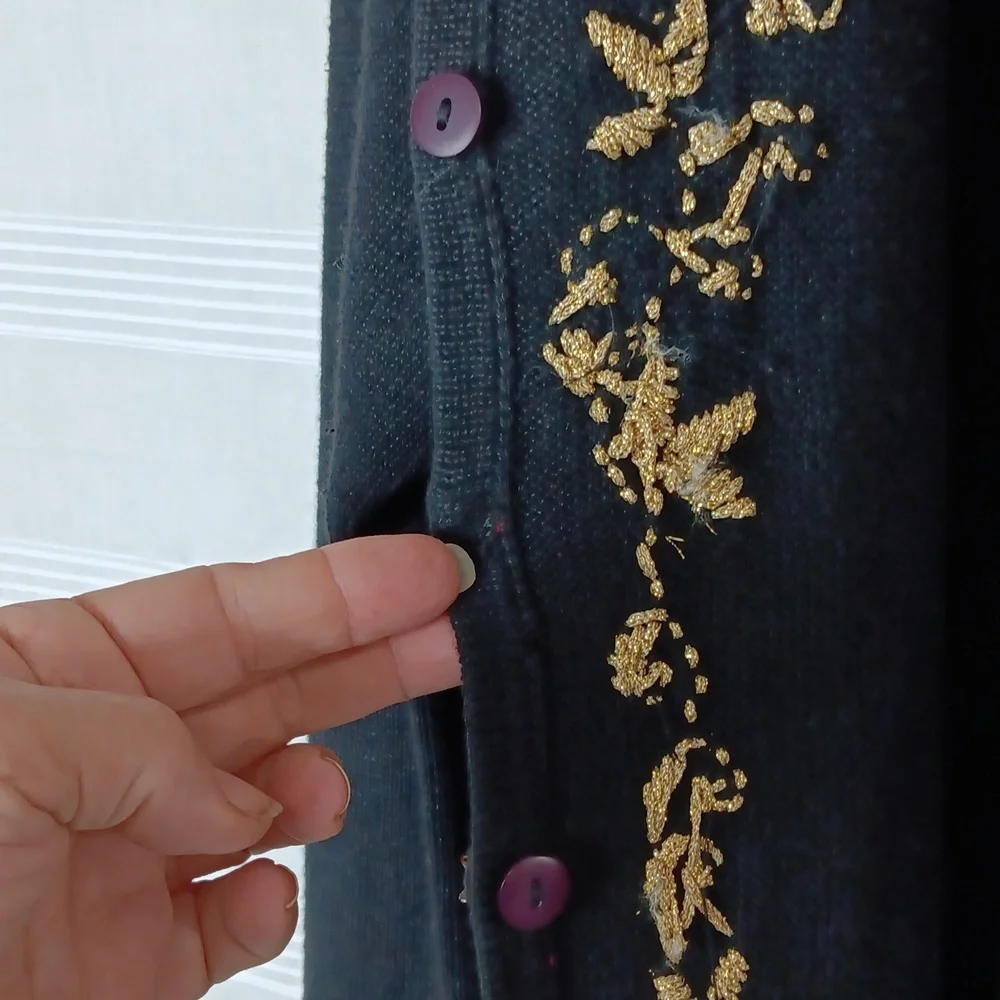 Arriviste Woman Black Cardigan Sweater w/ Shiny Gold Embroidery & Beads Size XXL